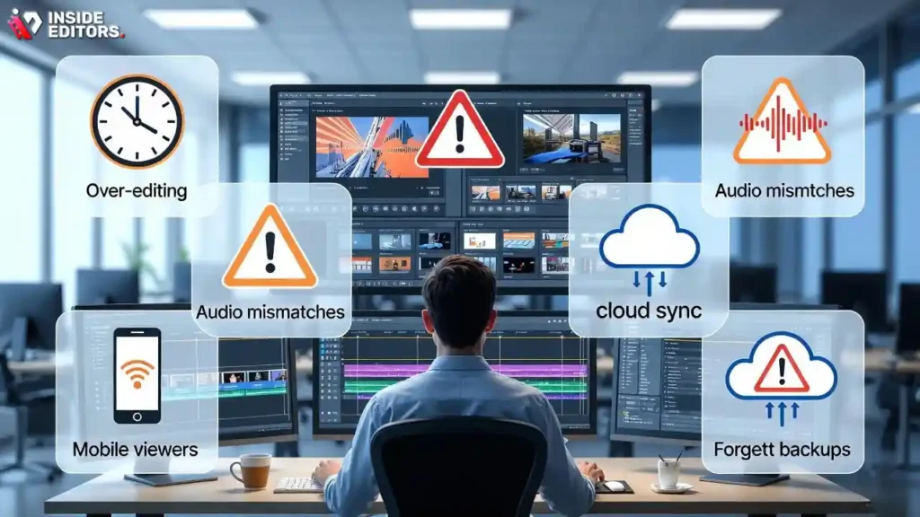 A digital screen showing a warning sign or a "bad edit" on a timeline (e.g., poor audio waveform, harsh jump cut), symbolizing common mistakes in corporate video editing.