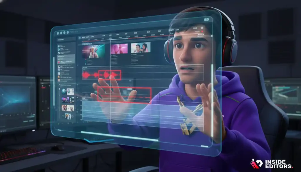 A digital screen showing a "Caution" or "Warning" icon alongside examples of problematic outsourced video edits, highlighting common mistakes to avoid when outsourcing video editing.