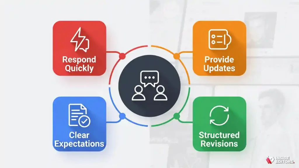 A creative team using effective communication to manage collaboration and revisions.
