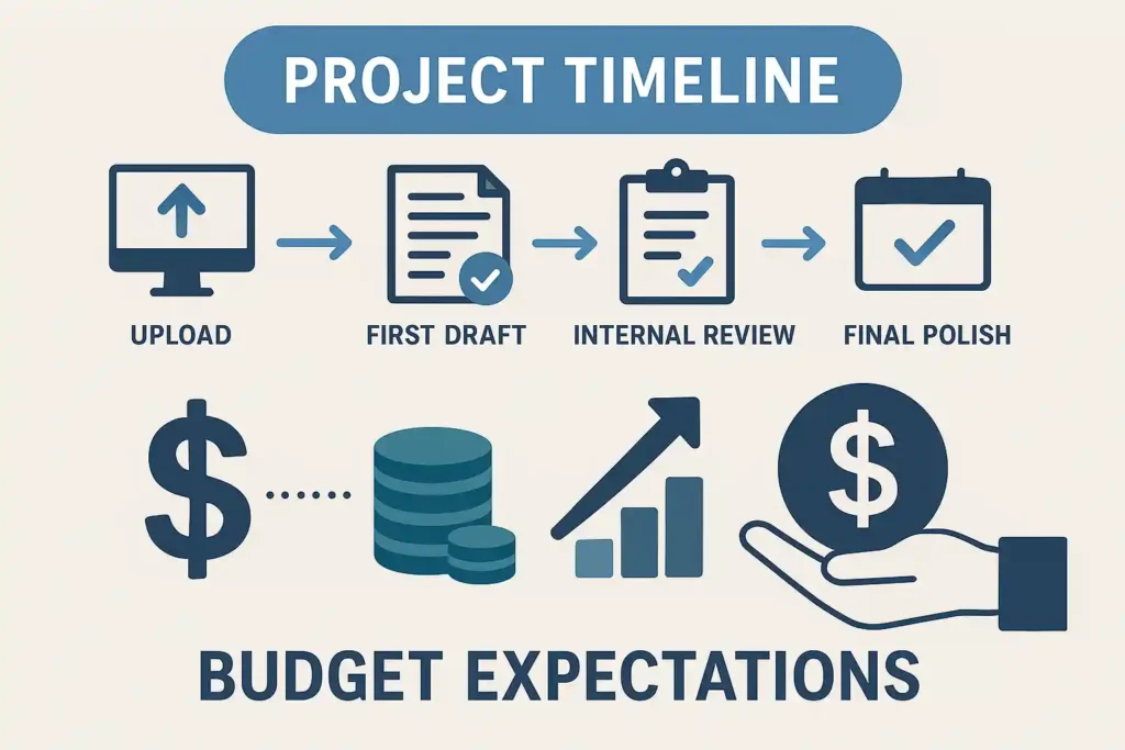 Project manager in Hamilton reviewing pricing and timelines for corporate video editing services.