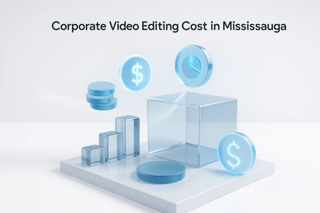 Editor reviewing corporate video editing service Mississauga projects on a dual-monitor setup.