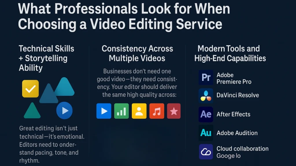 Professional evaluating key criteria for a corporate video editing service Mississauga solution.