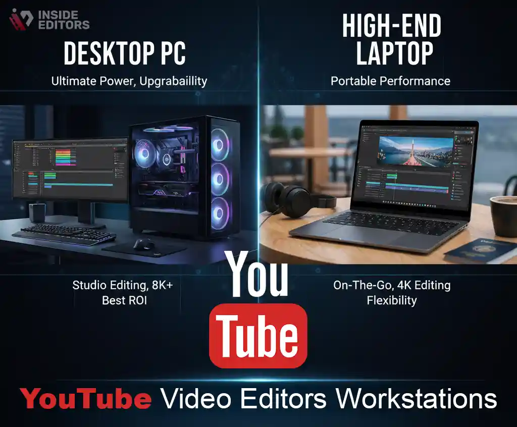 A YouTube creator comparing a desktop and laptop setup for video editing.