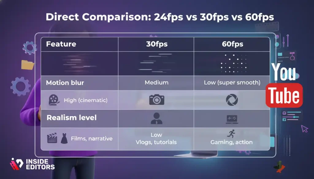 Side-by-side visual comparing the best framerate for YouTube video editing at 24fps, 30fps, and 60fps.