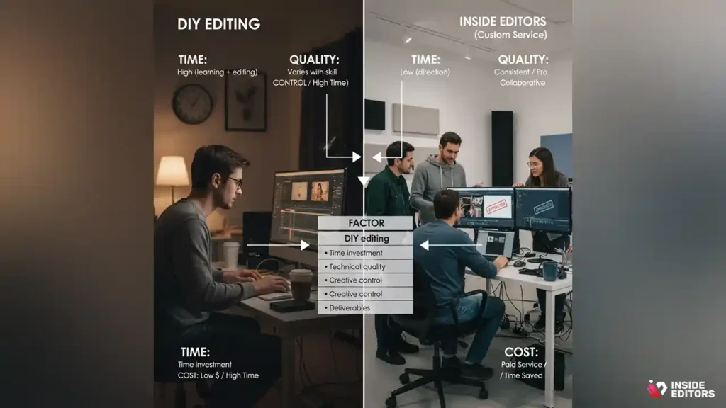 Side-by-side view of DIY footage versus a custom wedding video editing service result.