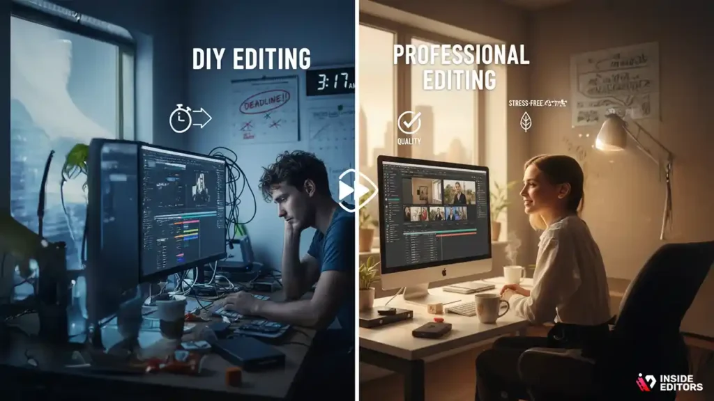 Couple comparing DIY editing to hiring a professional wedding editor.