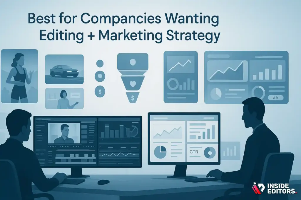 A marketing strategist and video editor collaborating to deliver editing plus marketing strategy for companies.