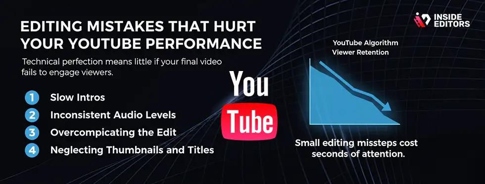 YouTube creator analyzing video editing mistakes that lower audience retention.