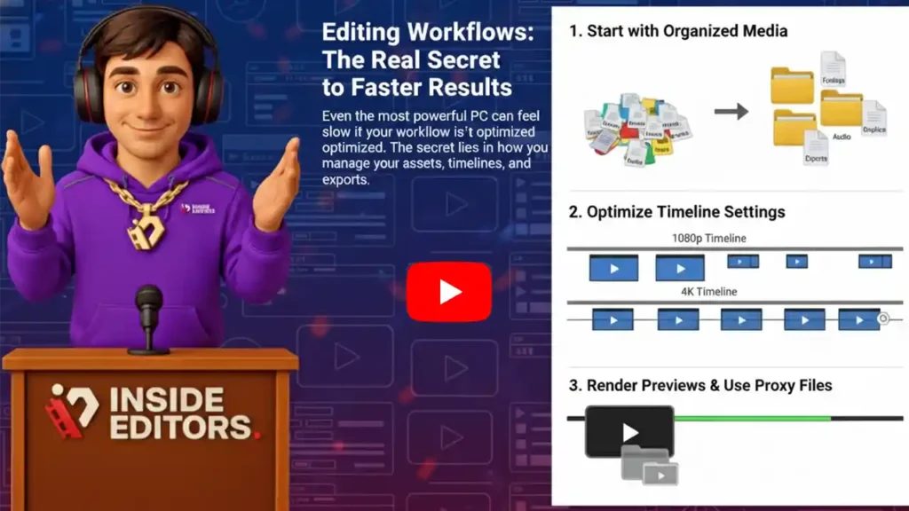 A video editor refining editing workflows to achieve faster YouTube video results.