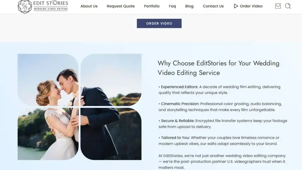 Editors at a wedding video editing company crafting artistic wedding films.