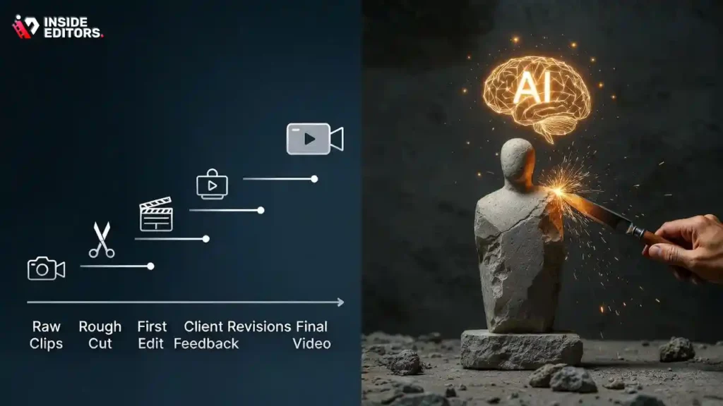 A futuristic screen showing various icons for AI-powered features in video editing, such as auto-captioning, noise removal, and smart reframing.