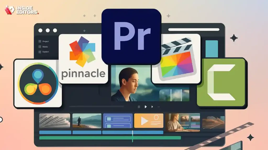A digital collage of logos from leading video editing applications like DaVinci Resolve, Premiere Pro, and Final Cut Pro, representing the top software recommendations for 2025.