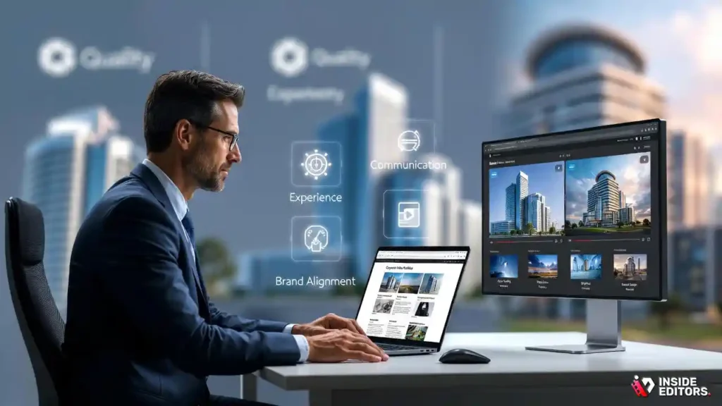 A business team reviewing portfolios to confidently assess a corporate video editing company.