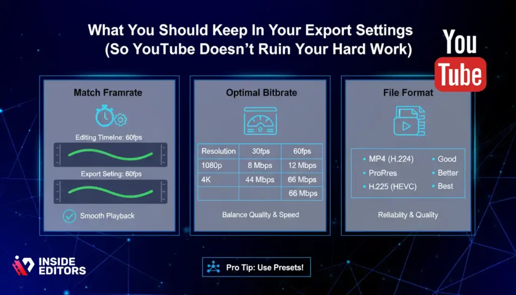 Creator reviewing export settings to maintain the best framerate for YouTube video editing.