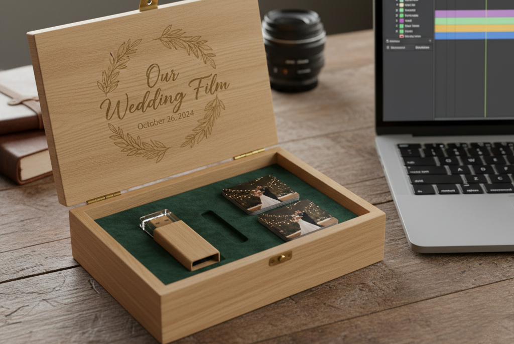 Editor exporting cinematic wedding videos for final delivery.