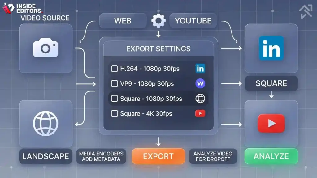 A digital screen showing various platform icons (YouTube, LinkedIn, TikTok, Instagram) next to a video file, representing the process of exporting and optimizing a final video for different channels.