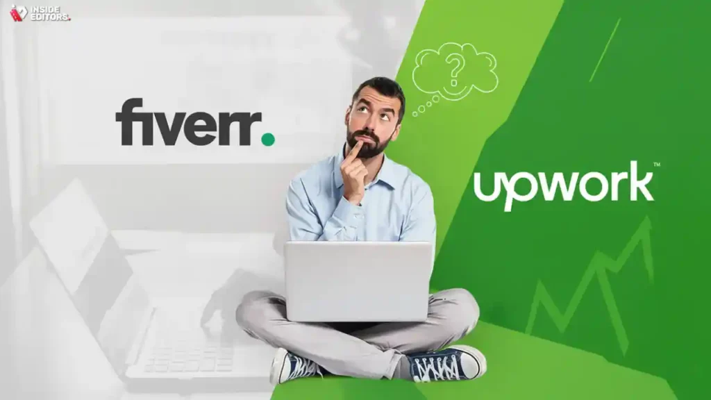 A collage of logos from popular freelancing platforms (e.g., Upwork, Fiverr, LinkedIn Services) on a laptop screen, representing an easy starting point for freelancers.