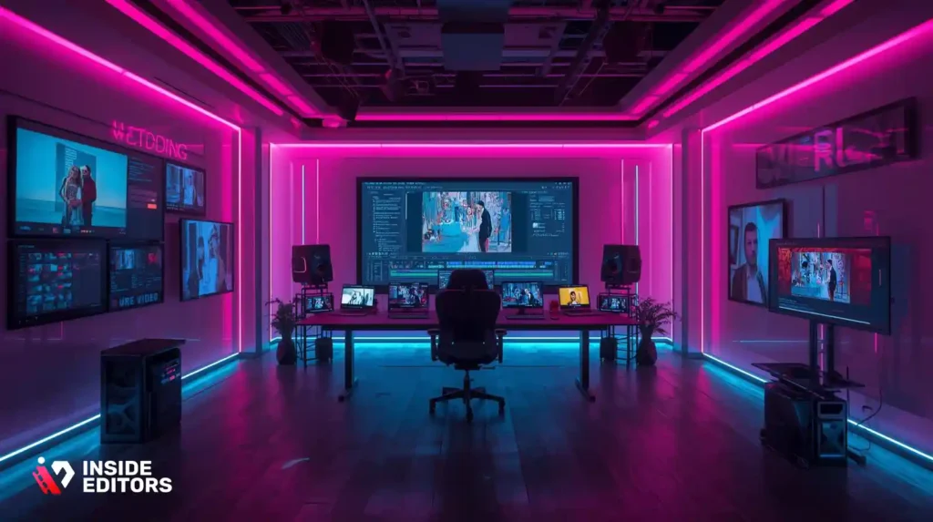 Futuristic editing setup showing innovation in wedding video production.