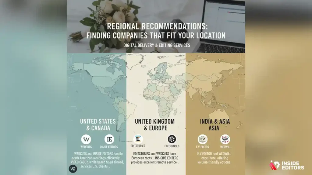 Global overview of top wedding video editing company options by region.