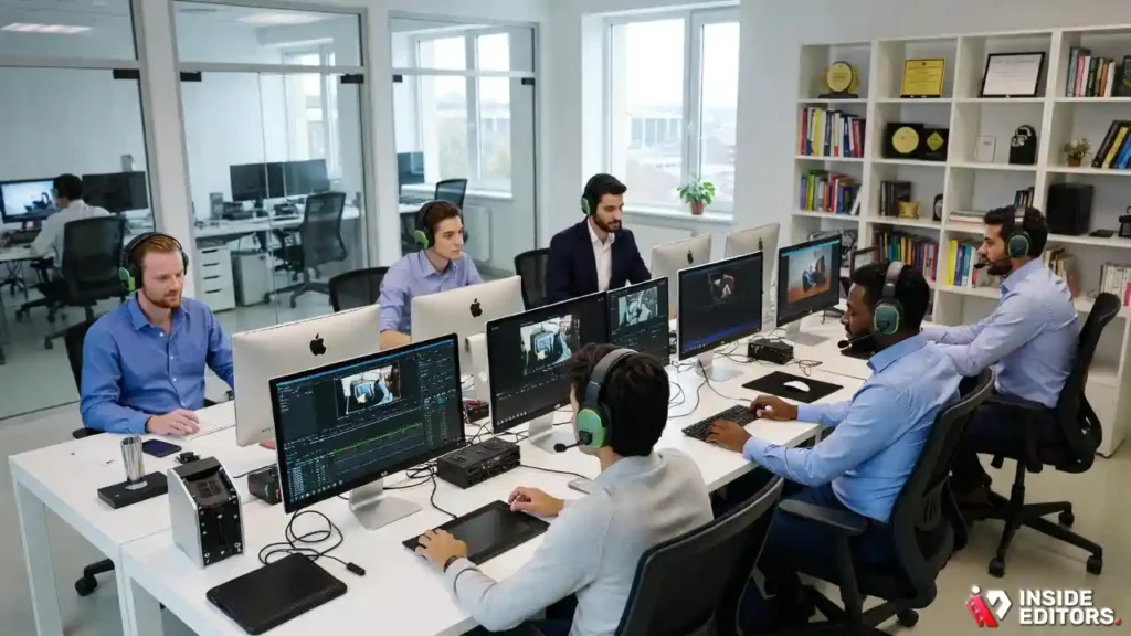 Editors collaborating in a studio to represent a top corporate video editing company.