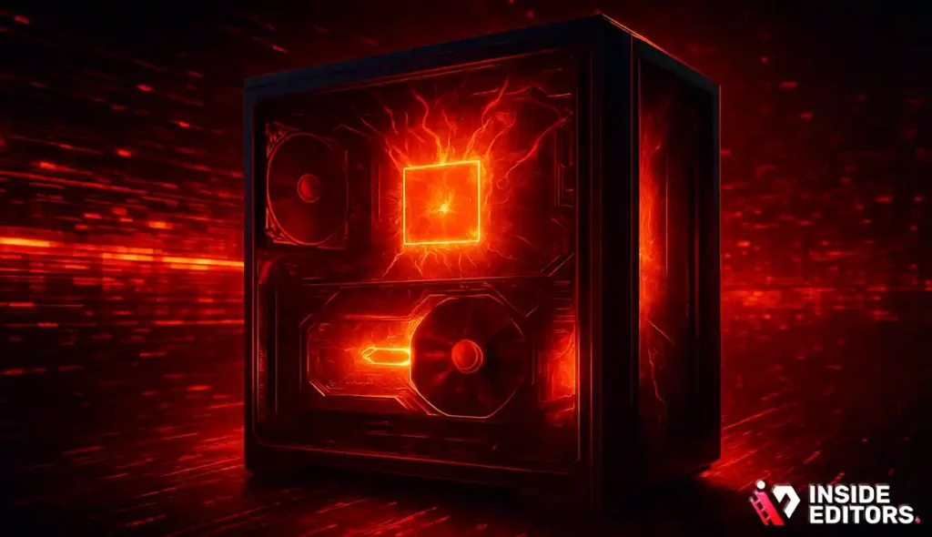 A computer system processing demanding high-resolution workloads under heavy hardware stress.