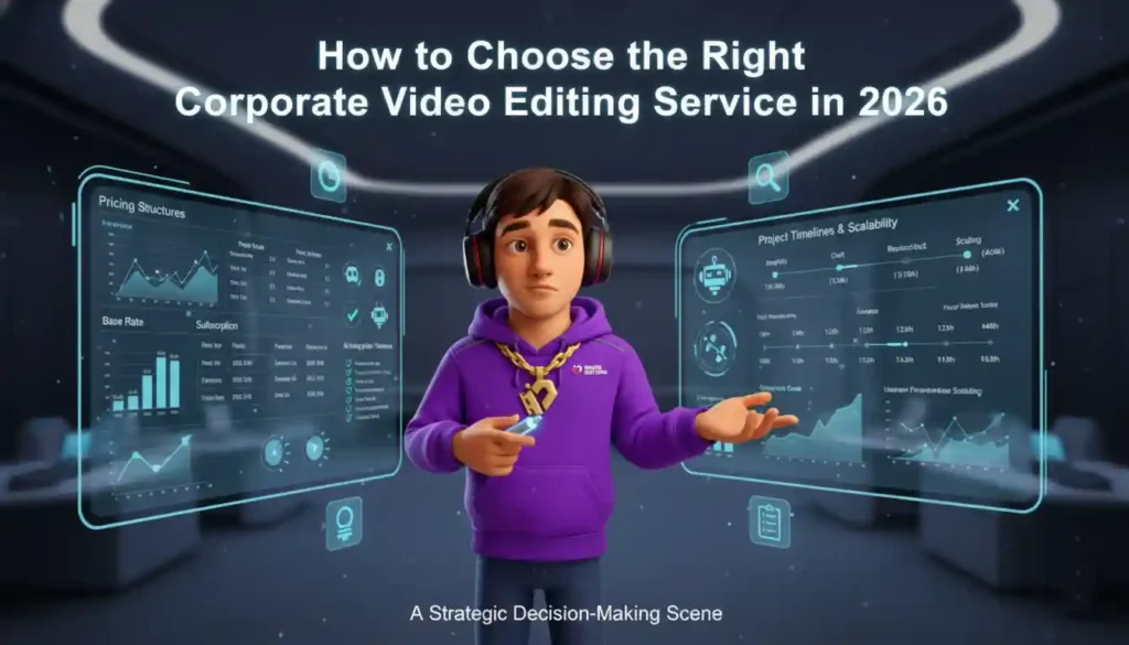 A professional holding a magnifying glass over various options for video editing services, illustrating how to choose the right corporate video editing service.