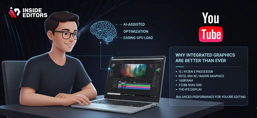 Affordable laptop screen showing editing software with specs overlay for a YouTube Video Editing Course.