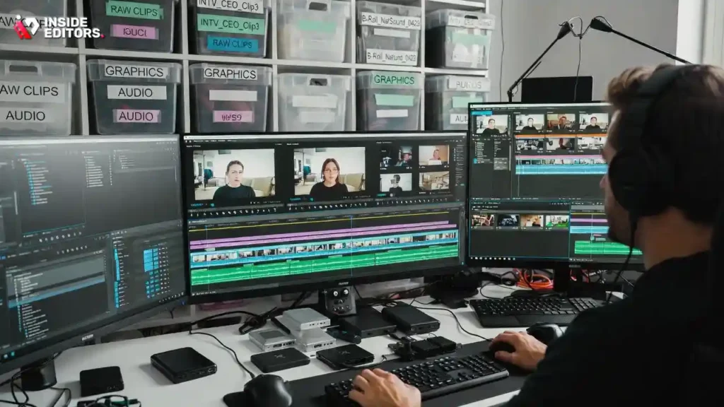 A video editor's screen showing a media bin filled with clips and a primary sequence being constructed on a digital timeline, demonstrating importing footage and building your timeline.