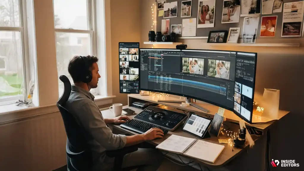 Professional editor performing detailed work for a custom wedding video editing service.