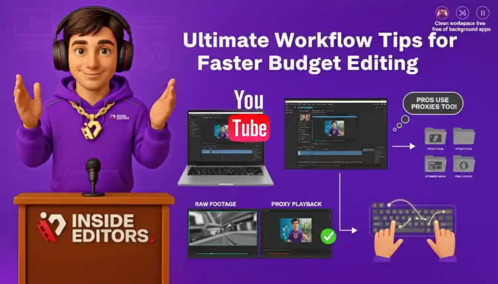 Editor applying Inside Editors’ workflow tips while following a YouTube Video Editing Course on a budget laptop