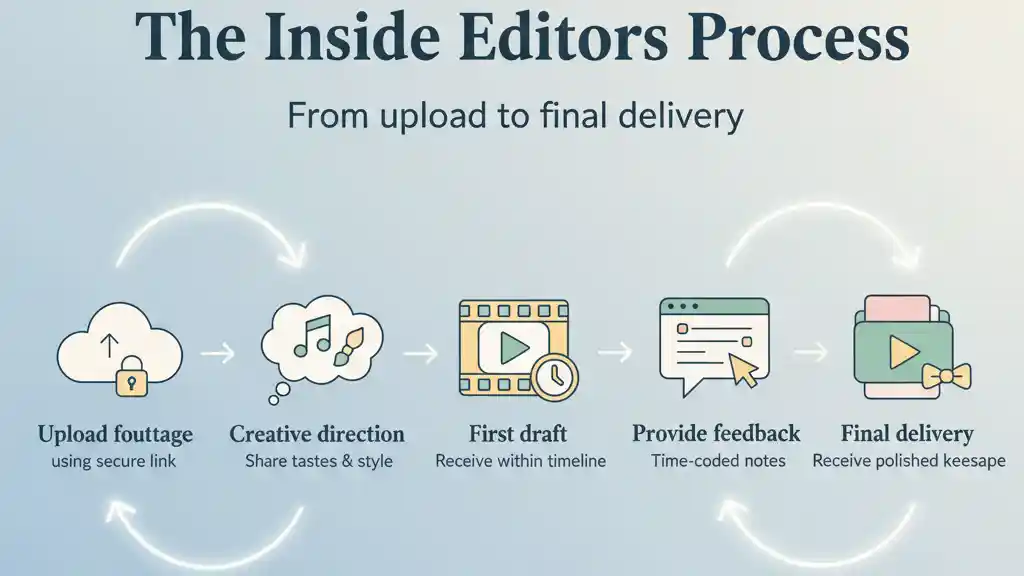 Editor beginning a new project for a custom wedding video editing service.