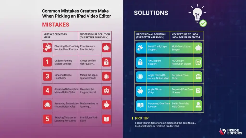 Creator reviewing common mistakes when choosing the best video editing app for ipad.