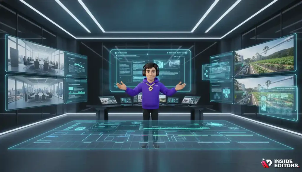 An editor's screen showing three overlapping visual tracks: AI automation, dynamic 3D motion graphics, and a vertical video format, symbolizing the key trends shaping corporate video editing in 2026.