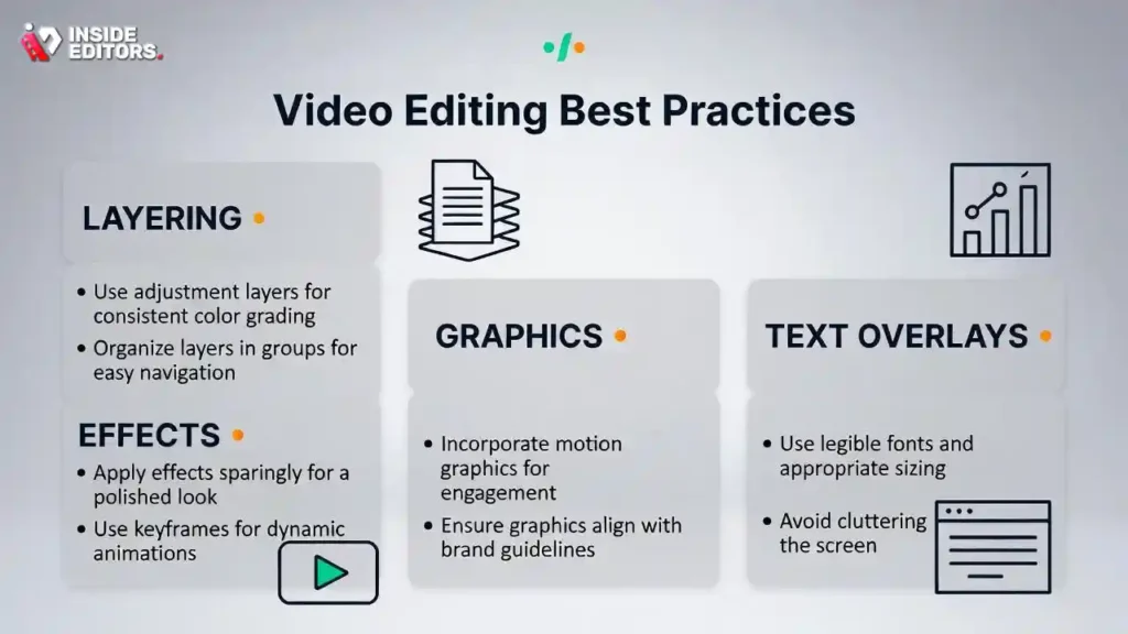A complex video editing timeline showing multiple tracks for video, audio, layering effects, graphics, and text overlays on top of primary footage.