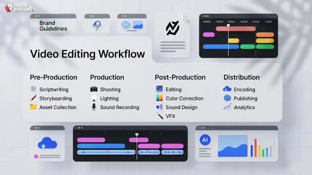 A clean, sequential flowchart displaying standardized steps like Review, Cut, Feedback, and Finalization, representing the predictable editing workflow corporate clients expect.