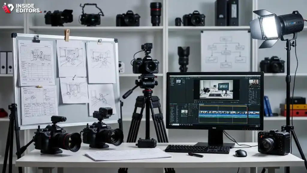 An abstract depiction of various digital tools for corporate video editing represented by glowing icons and a networked connection, emphasizing selection.