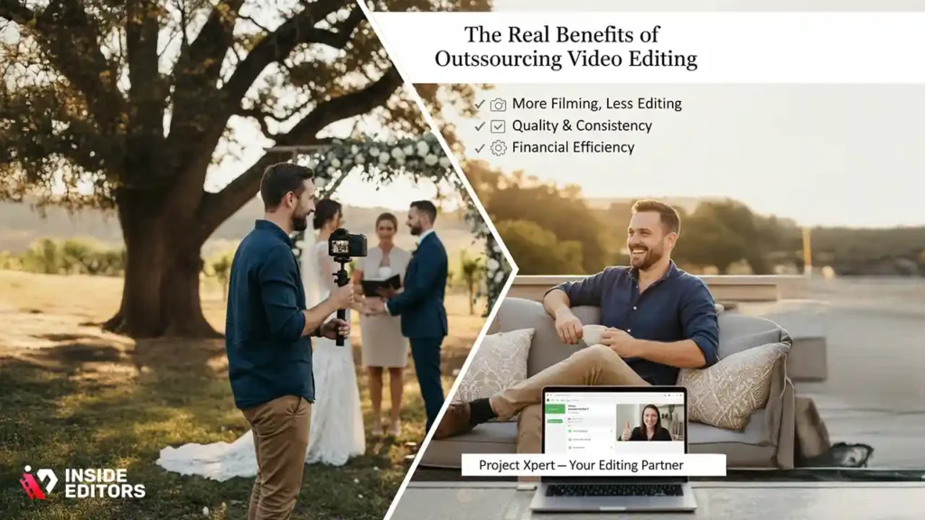 Professional editors outsource wedding video editing in a creative studio environment.