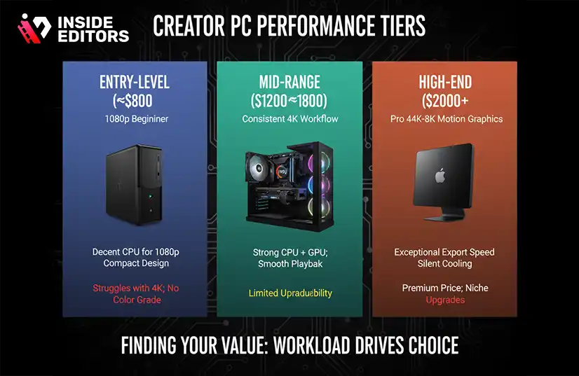 A side-by-side performance comparison chart showing the best PC value options for YouTube video editing in 2026.