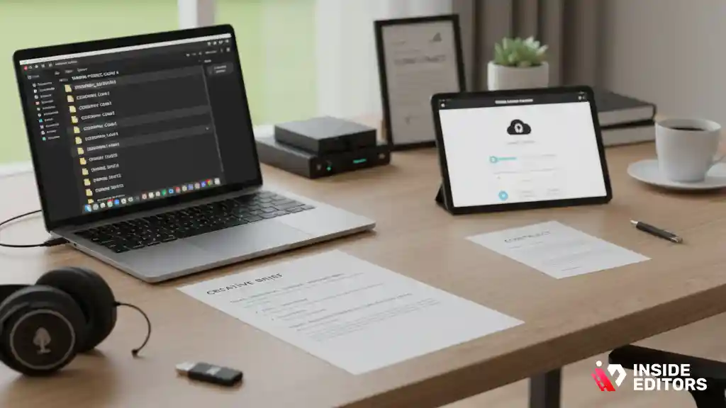 Videographer organizing files before outsourcing wedding video editing.