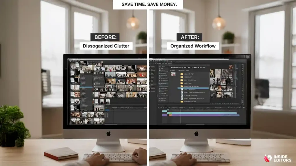 Organizer sorting files before sending them to a custom wedding video editing service.