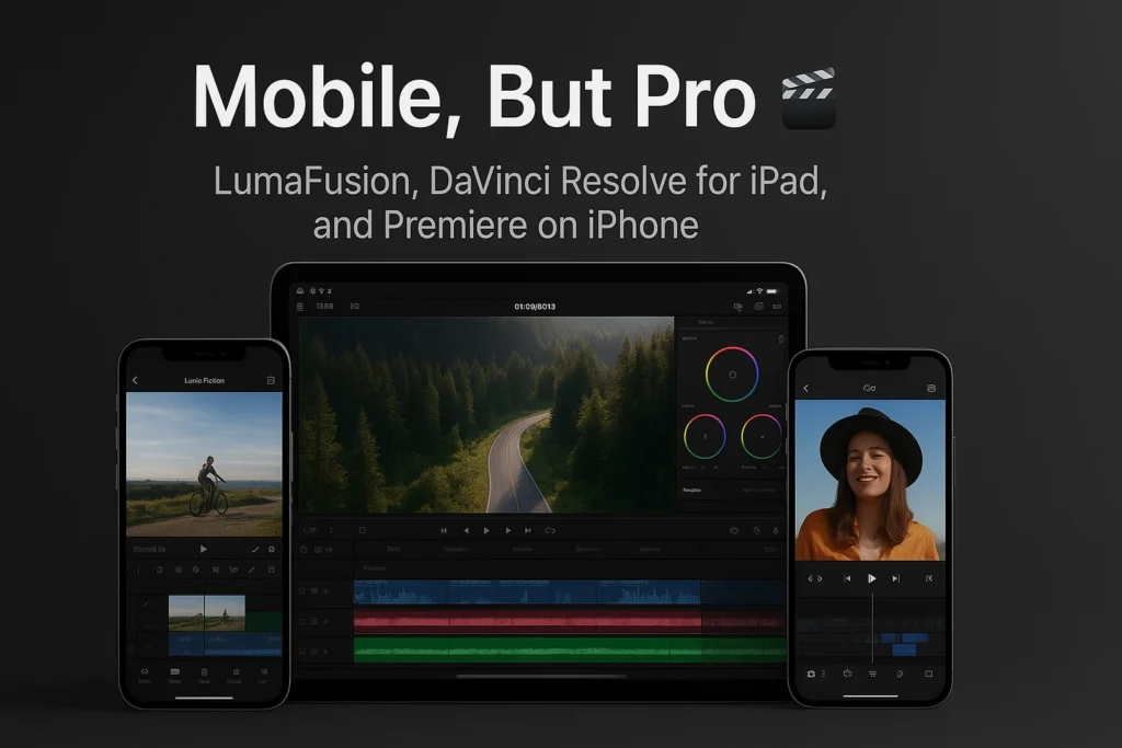 Professional mobile video editing using LumaFusion, DaVinci Resolve, and Premiere on iOS.