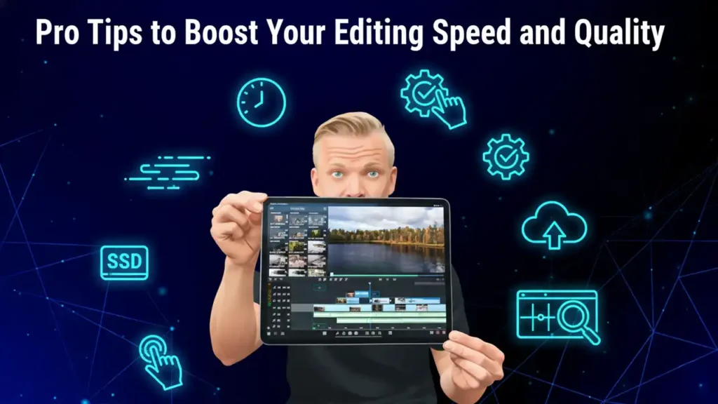 Video creator applying pro editing tips on a 10.5in iPad Pro to improve speed and quality.
