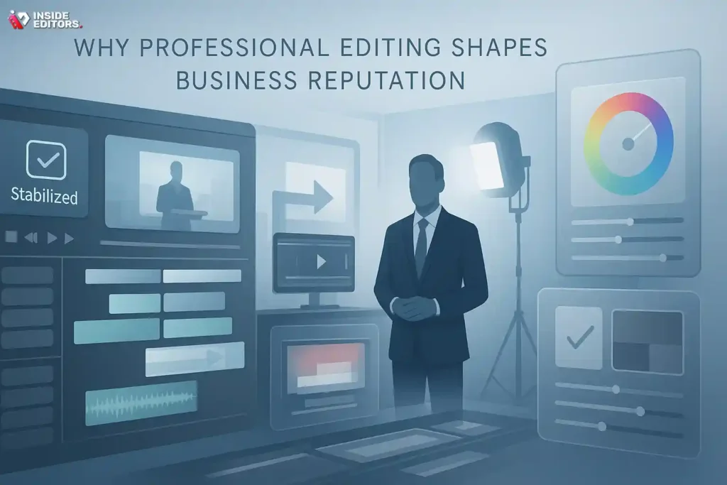 A professional editor enhancing corporate video content, illustrating how professional editing shapes business reputation.