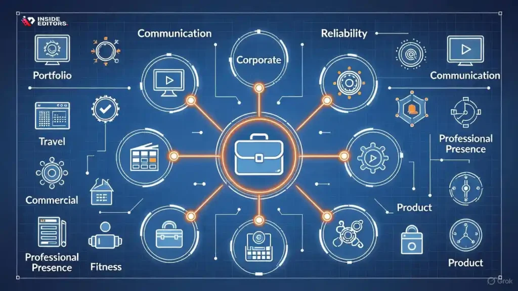 A visual roadmap or ascending path with milestones like "Skill Development," "Networking," and "Specialization," illustrating the professional growth roadmap for corporate video editors.