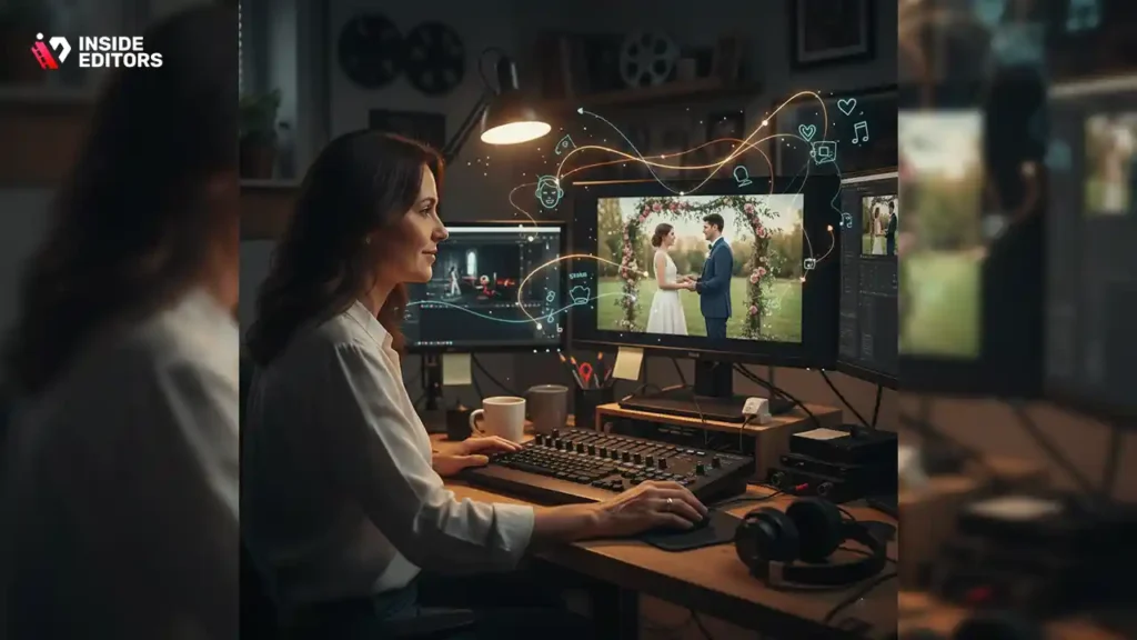 Professional wedding video editor using advanced software tools.