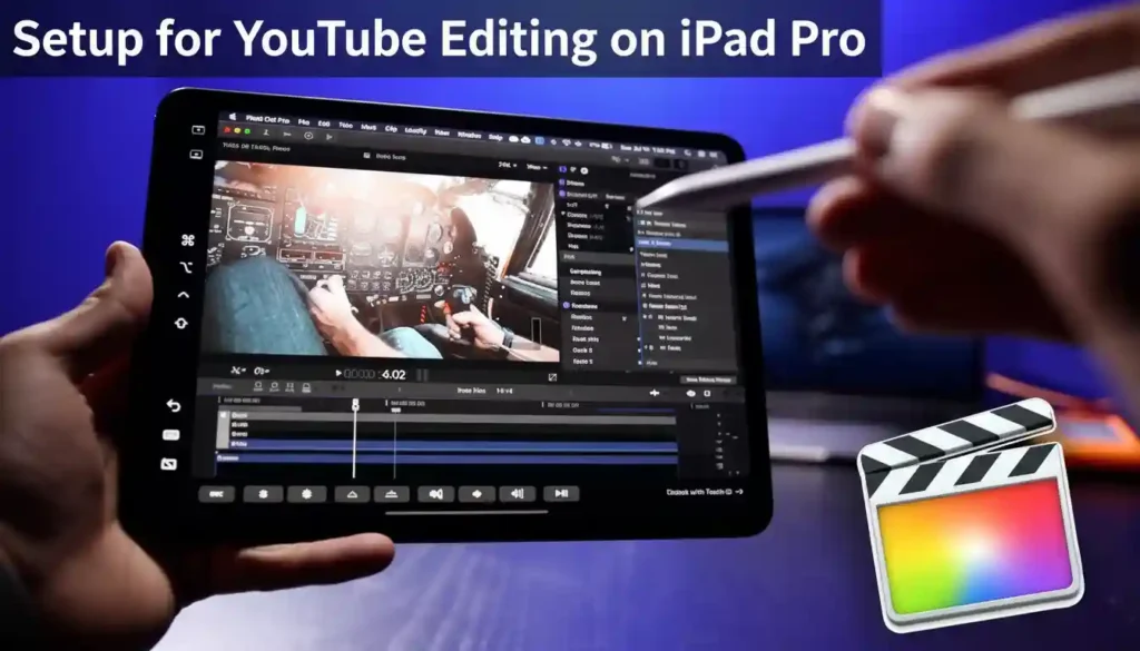 YouTube creator setting up a 10.5in iPad Pro workspace for professional video editing.