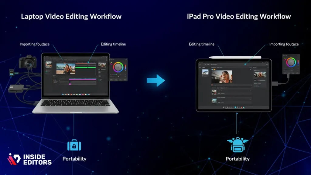 Creator comparing laptop and iPad Pro setups for professional video editing