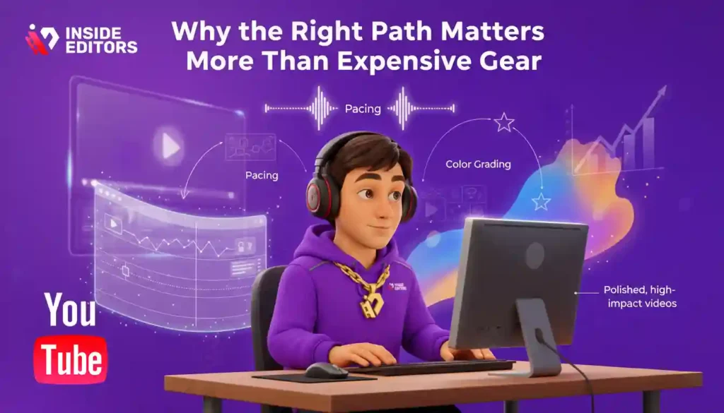 Creator focusing on learning a YouTube Video Editing Course rather than relying on expensive gear.