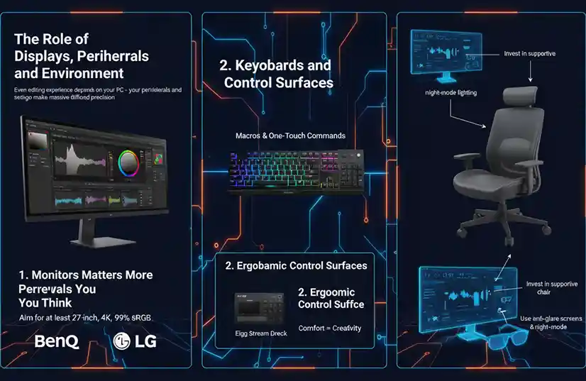 A professional video editor using multiple displays and peripherals for YouTube video editing.