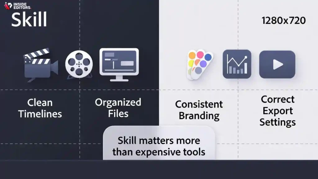 A striking visual contrast showing a highly creative and well-edited video clip next to a simple, older camera, illustrating why skill matters more than expensive tools.